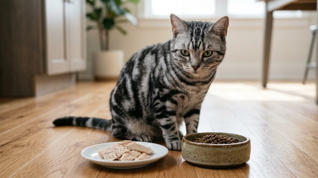 Cat beside cooked fish and regular cat food.