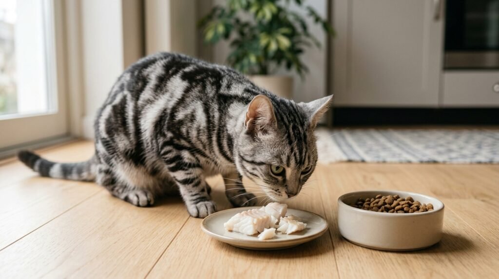Plain cooked boneless fish served as a small cat treat.