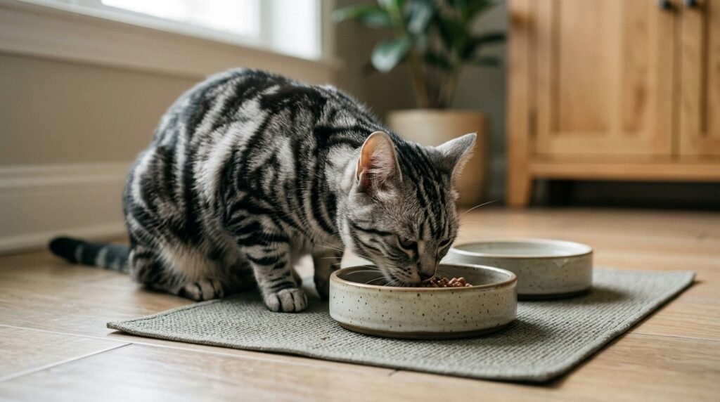 Cat eating from a shallow bowl on a stable feeding mat.