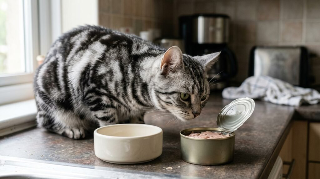 Cat near a bowl and a can of plain tuna.