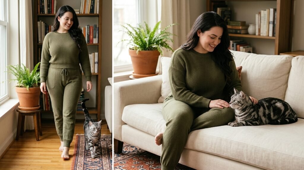 Relaxed cat following her owner for companionship and attention