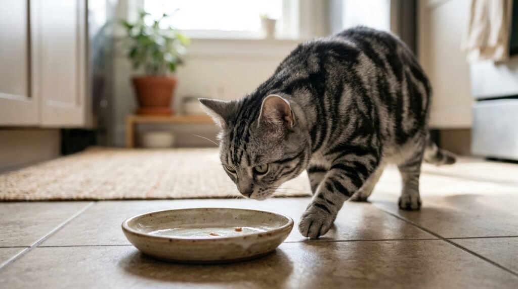 Gray cat extending its paw near an empty feeding dish.