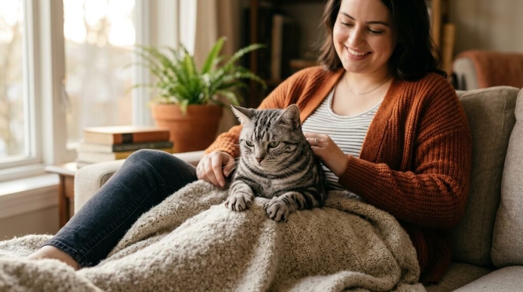 Cat owner using a thick blanket to protect her lap during kneading