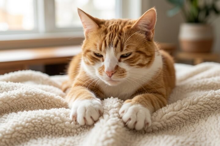 Why do cats knead? Relaxed cat making biscuits on a soft blanket