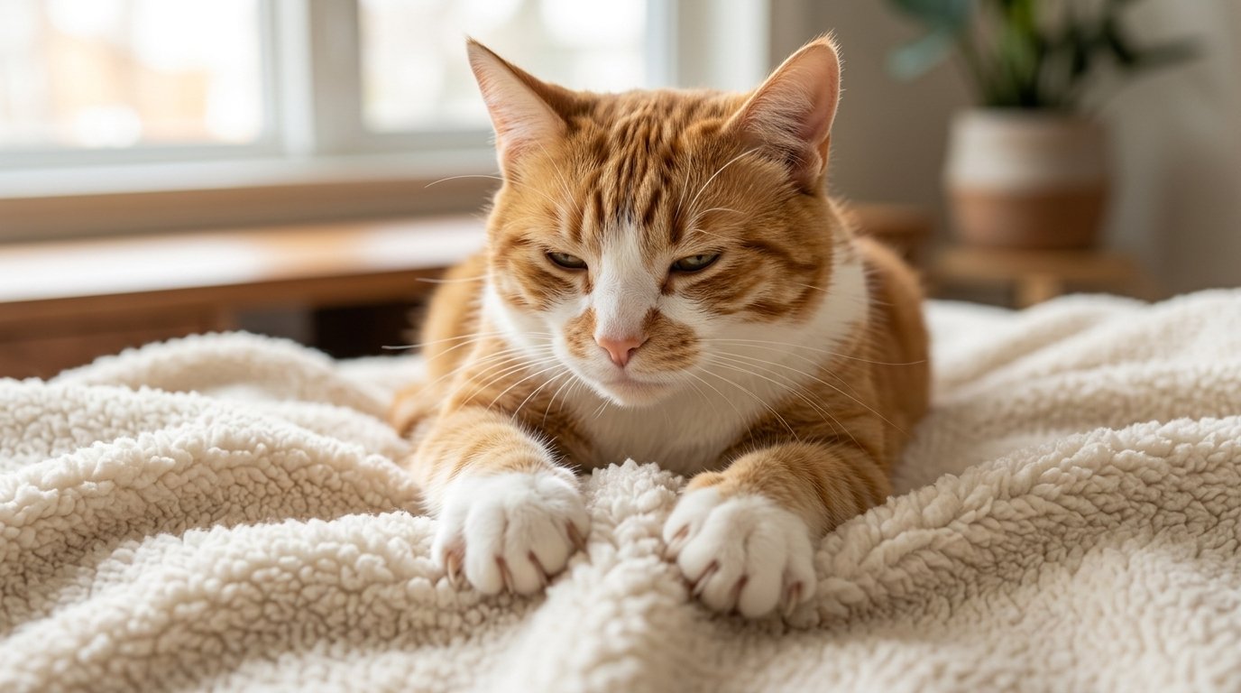 Why do cats knead? Relaxed cat making biscuits on a soft blanket