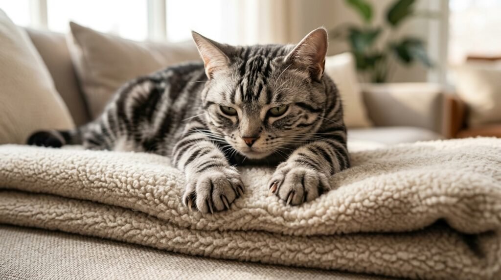 Cat making biscuits by kneading a thick fleece blanket