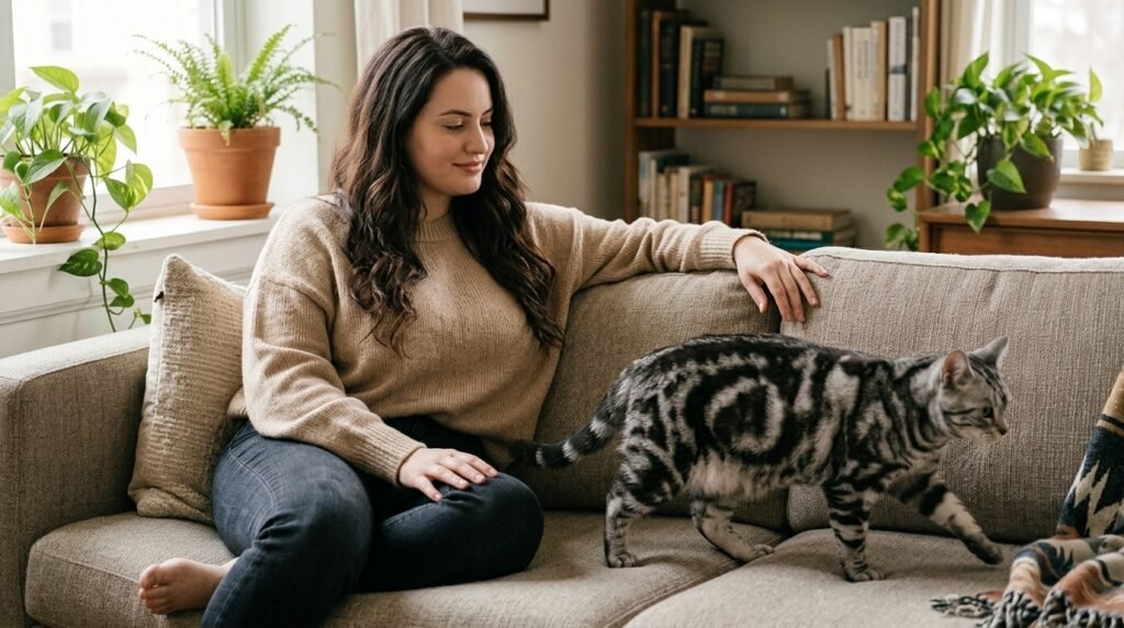 Owner stopping petting and allowing her cat to walk away.