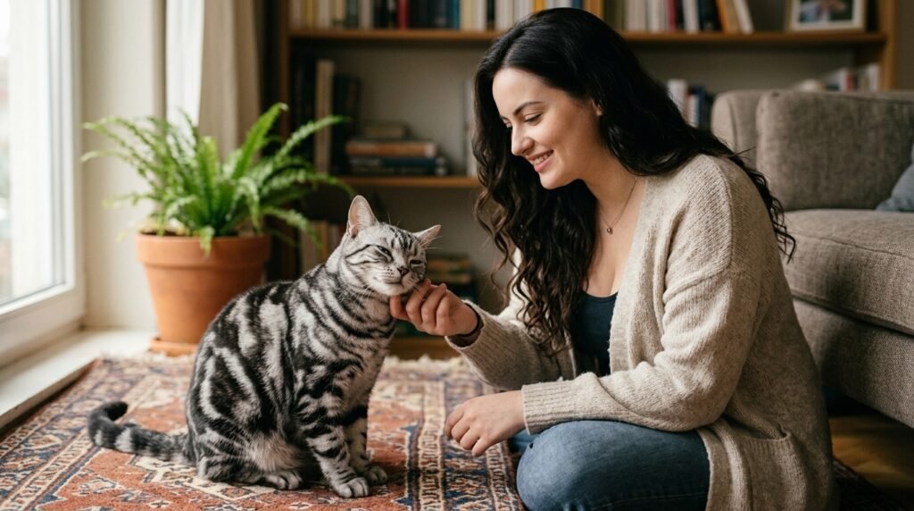 Cat choosing gentle cheek petting from her owner.