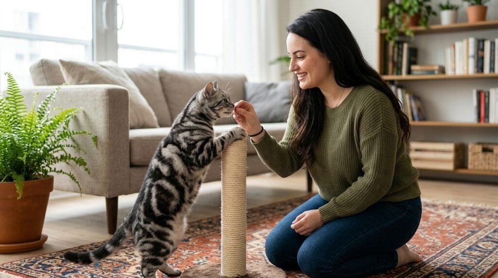 Female cat owner rewarding a cat for using a scratching post