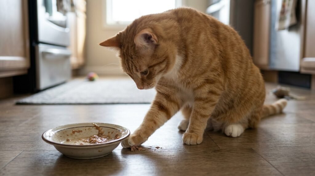 Orange cat pawing at the floor beside leftover food.