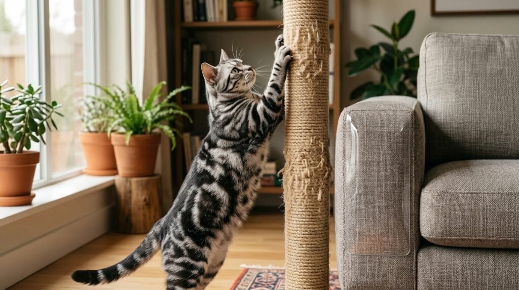 Cat redirected from a sofa to a tall scratching post