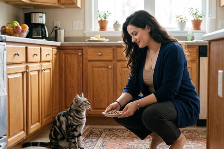Can cats eat cheese? Tabby cat beside an owner choosing cat food while cheese stays out of reach.