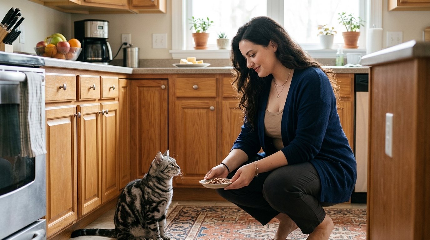 Can cats eat cheese? Tabby cat beside an owner choosing cat food while cheese stays out of reach.