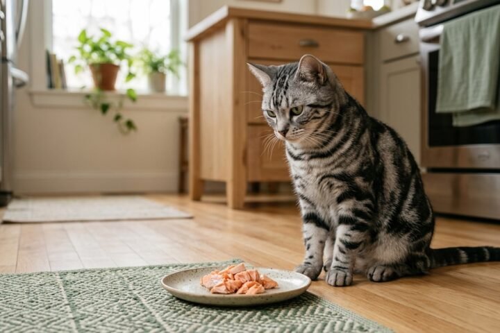Can cats eat fish every day? A cat beside a plate of cooked fish.