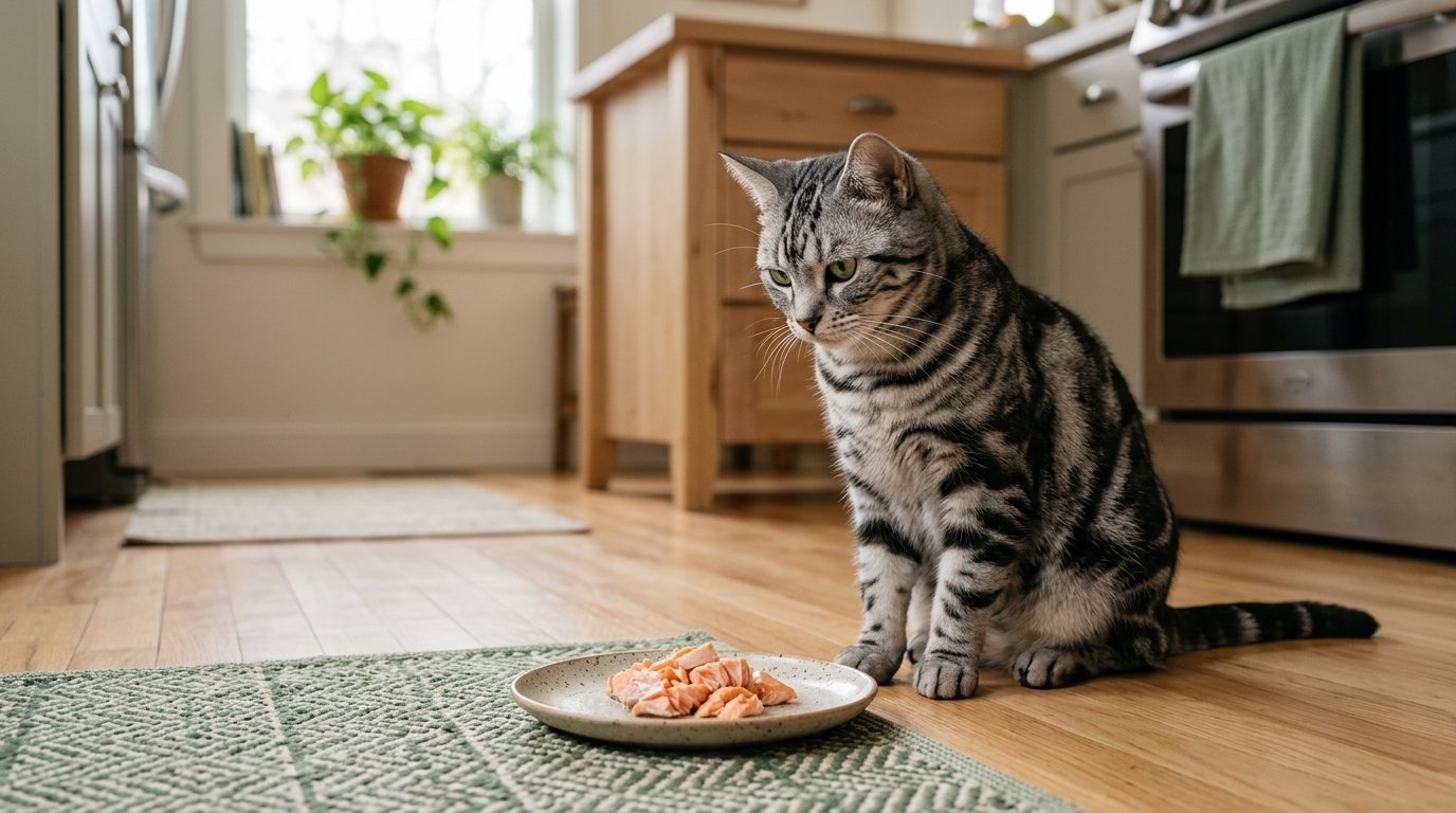 Can cats eat fish every day? A cat beside a plate of cooked fish.