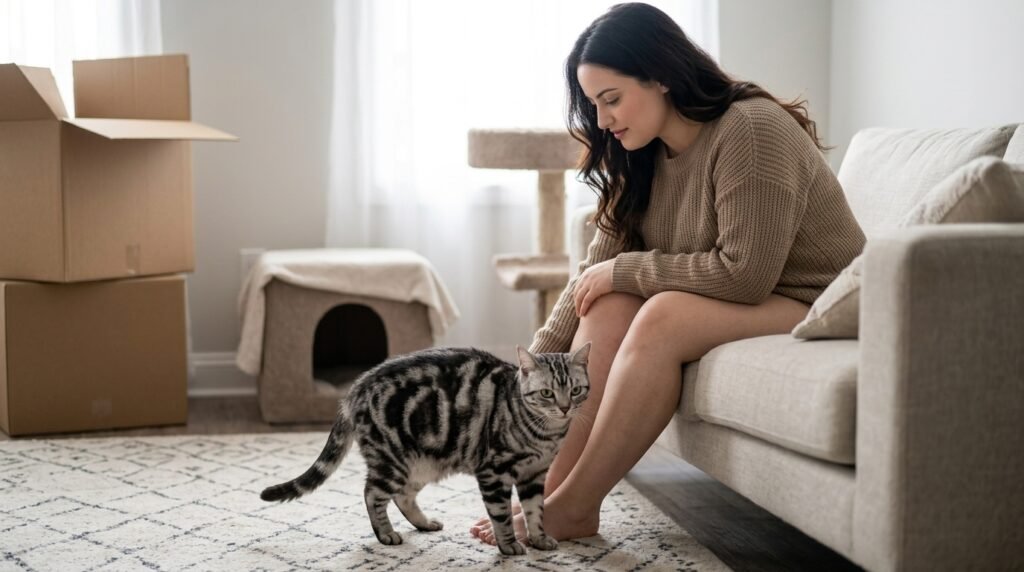 Cat staying close to owner for reassurance after a household change
