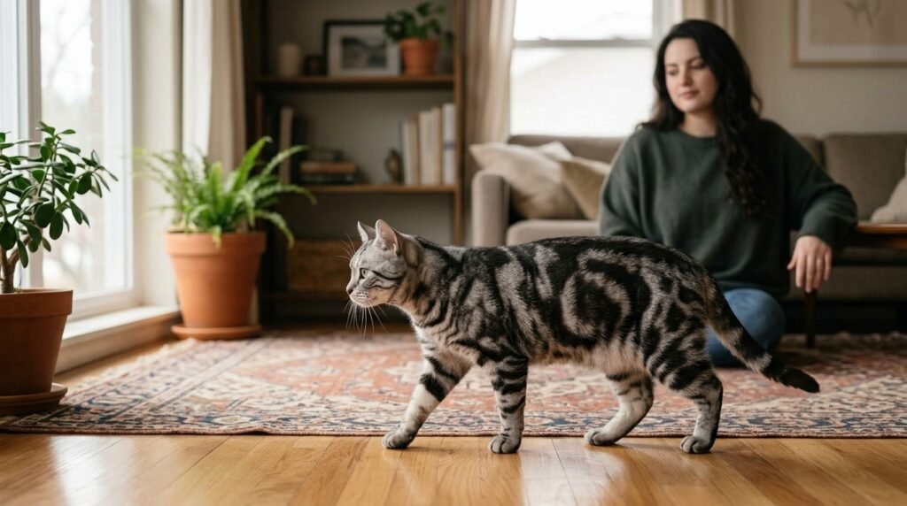Cat tail language example showing a cat walking with its tail held low.