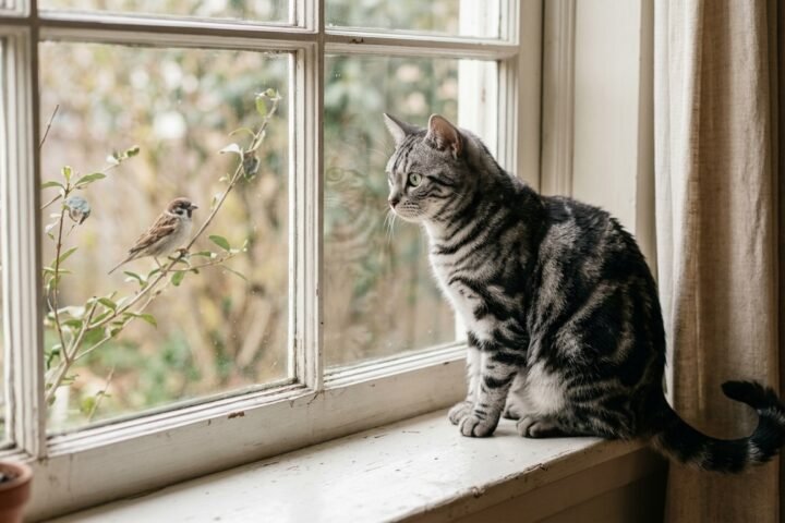 Why do cats chatter at birds? Orange tabby watching a bird through a window.
