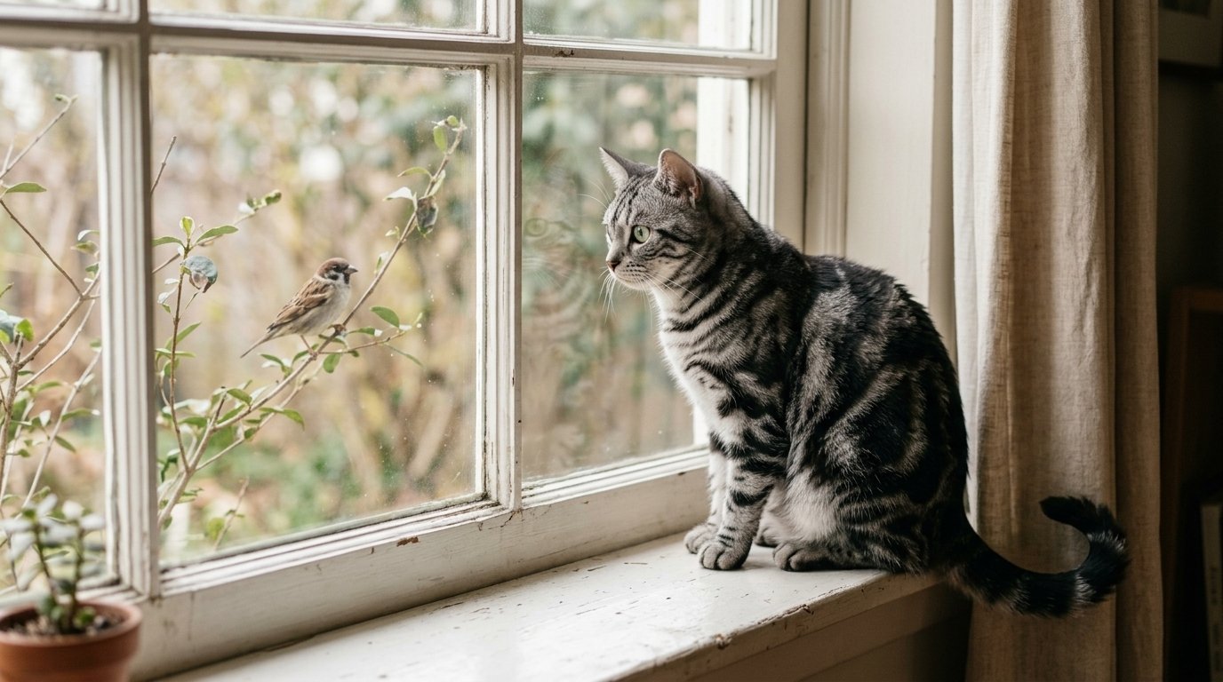 Why do cats chatter at birds? Orange tabby watching a bird through a window.