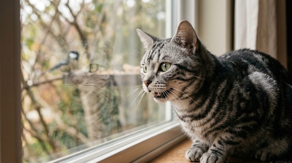 Cat chattering with its mouth slightly open while watching a bird.