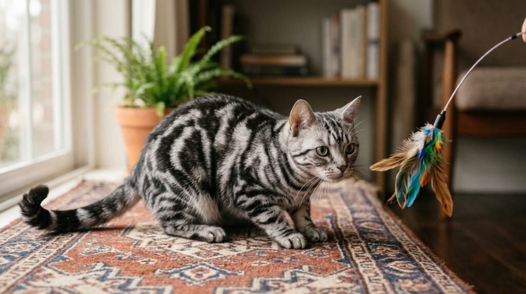 Cat tail language showing a cat twitching its tail tip while watching a toy.