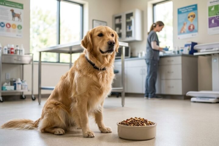 Protein deficiency in dogs and balanced nutrition beside a healthy dog.
