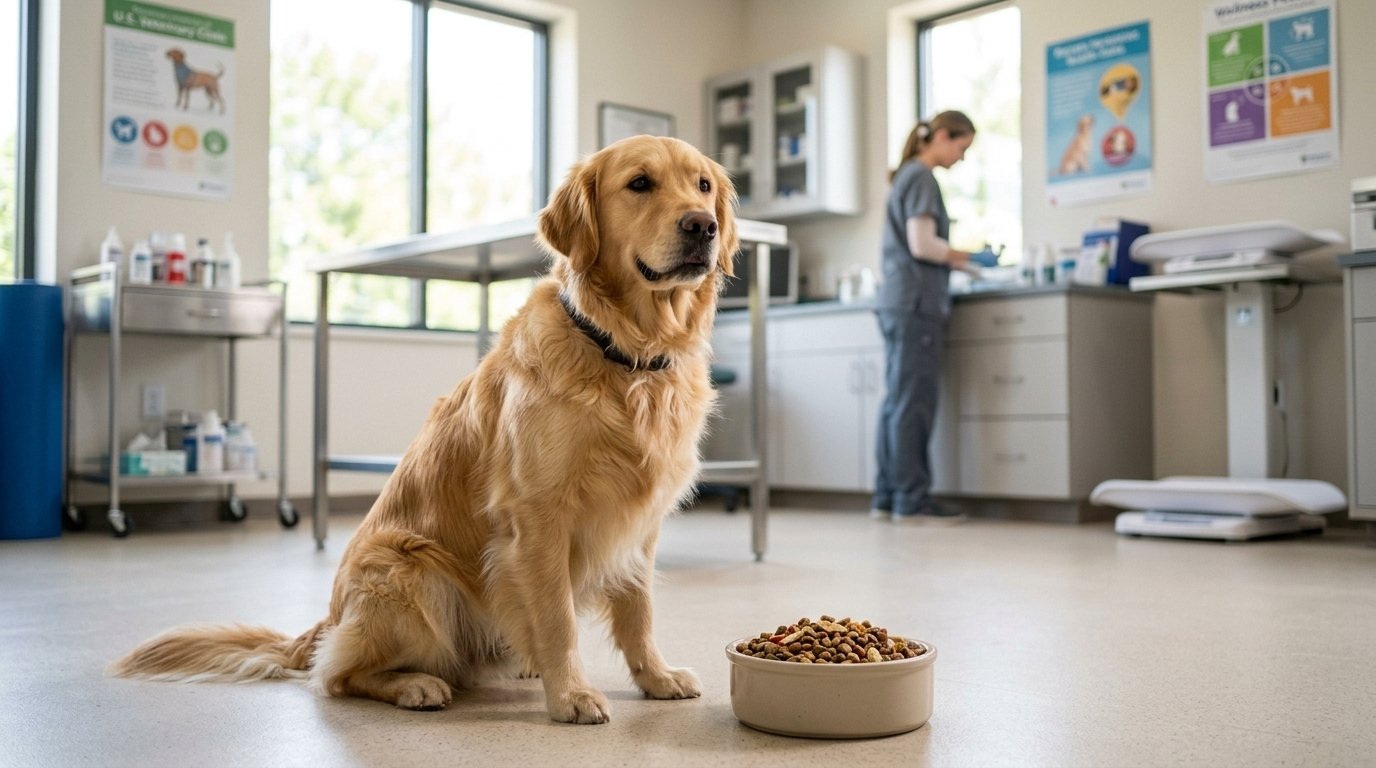 Protein deficiency in dogs and balanced nutrition beside a healthy dog.