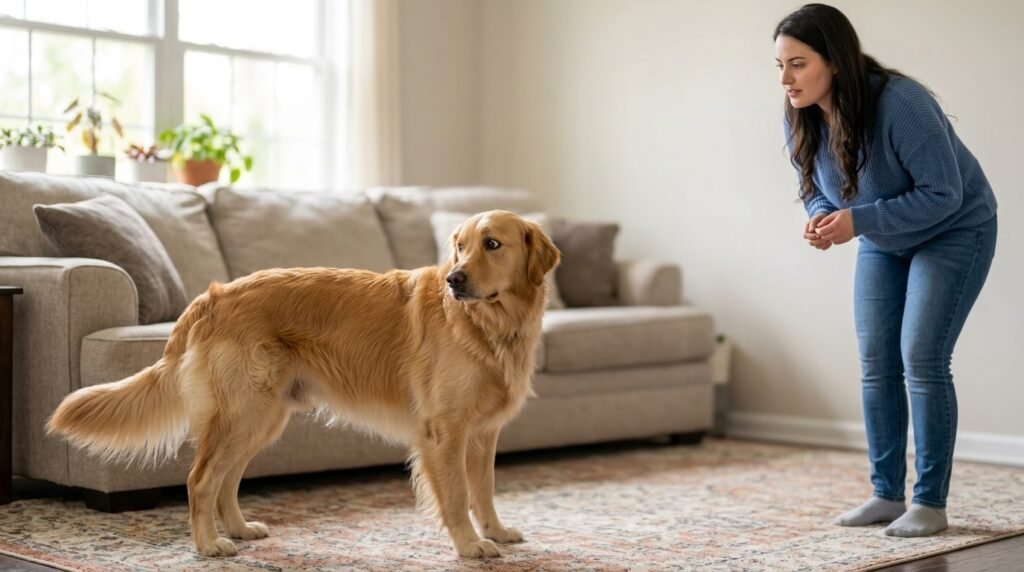 Dog showing whale eye with tense body language as its owner pauses.