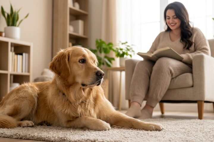 Relaxed dog giving a casual sideways glance in a home.