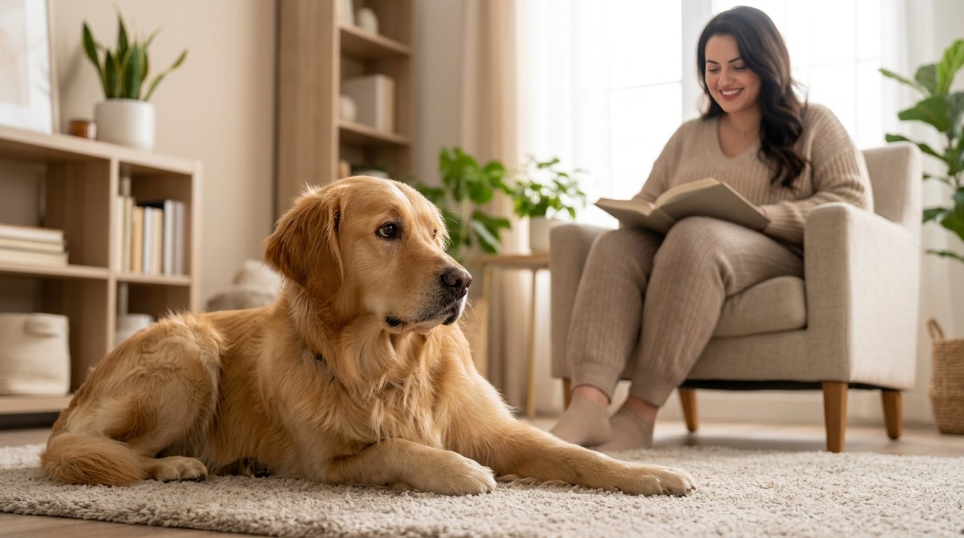 Relaxed dog giving a casual sideways glance in a home.