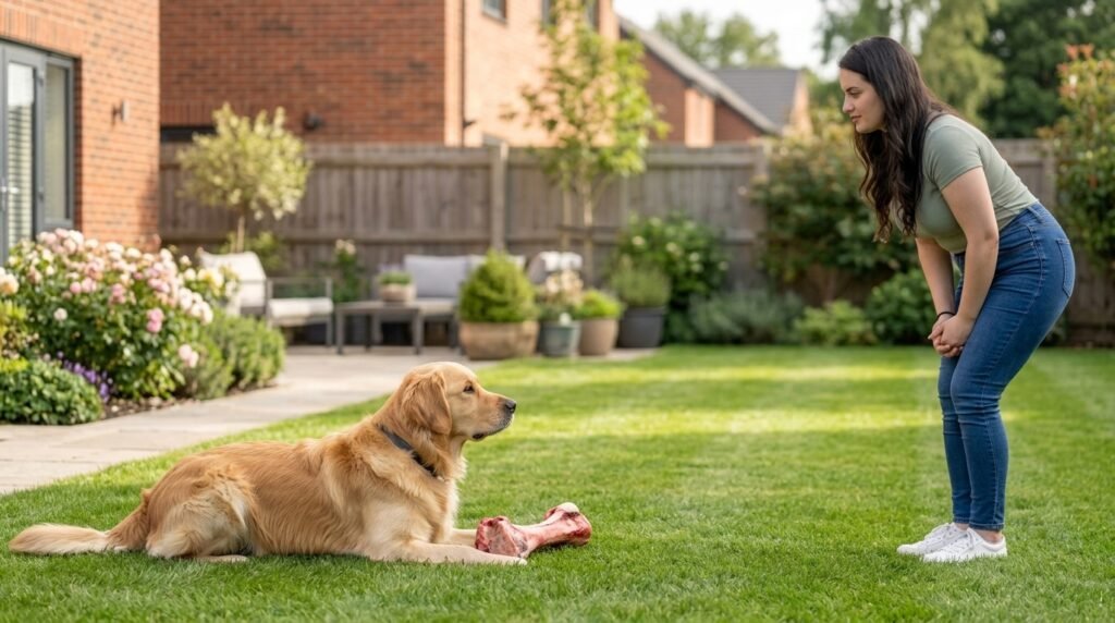 Dog showing whale eye with tense body language as its owner pauses.