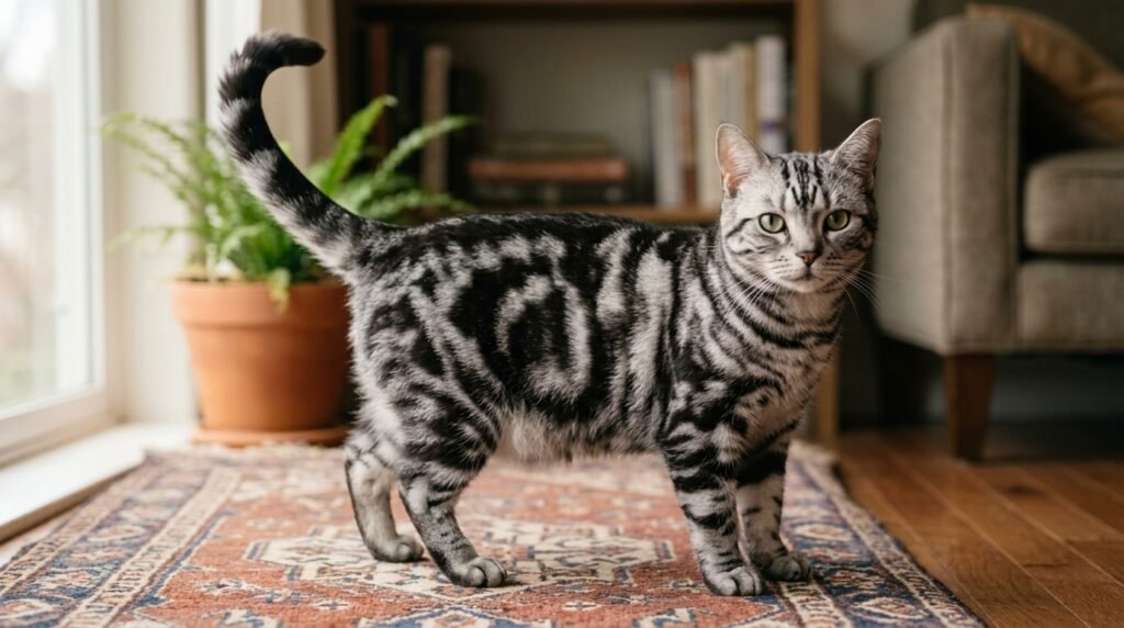 Cat tail language example showing an upright tail with a curved tip.