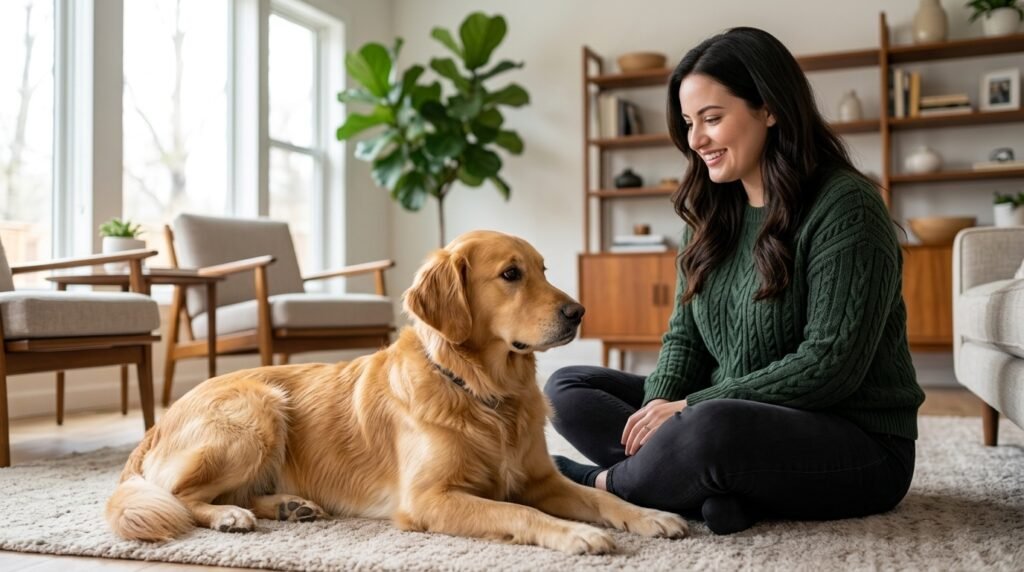 Dog watching its owner sideways while resting near a valued chew.