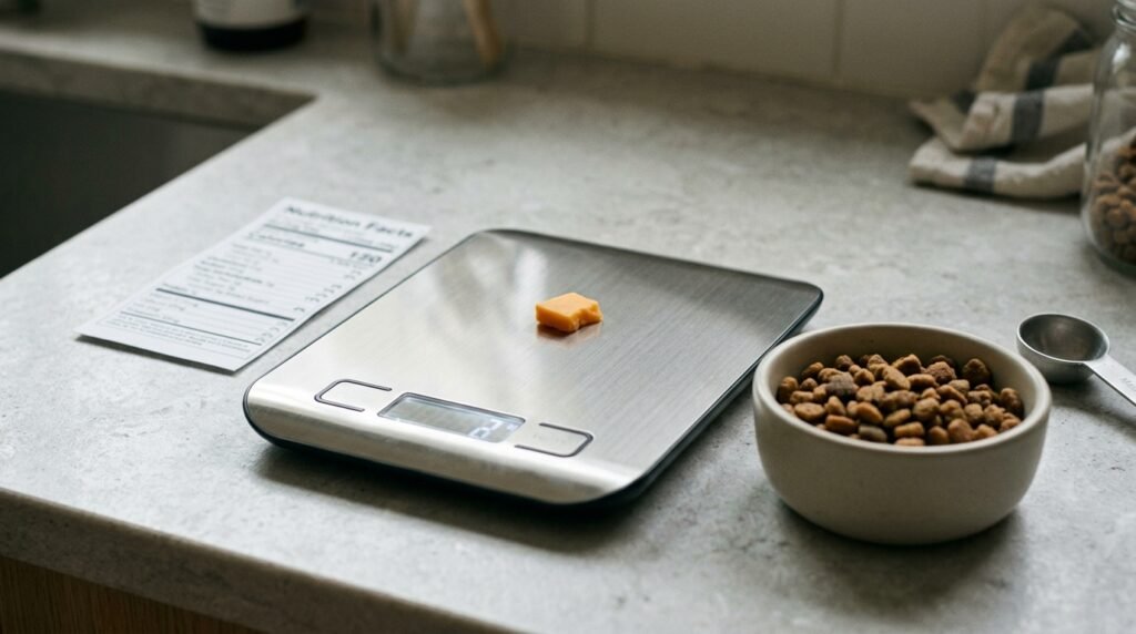 Small piece of cheddar beside a kitchen scale and a measured bowl of cat food.