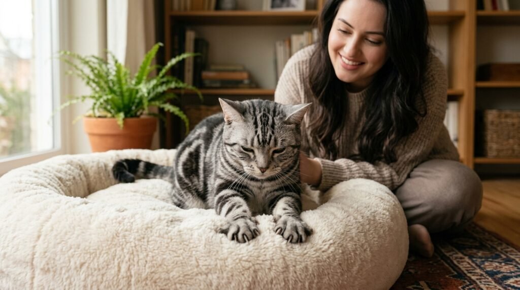 Relaxed cat kneading a soft bed before sleeping