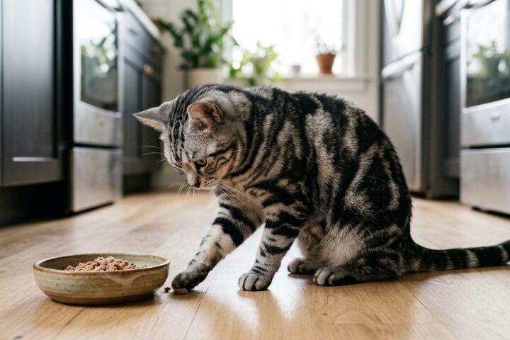 Cat scratching around food bowl on a kitchen floor after eating.