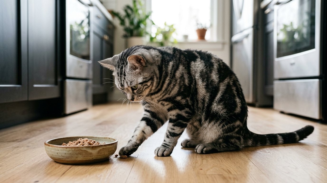 Cat scratching around food bowl on a kitchen floor after eating.