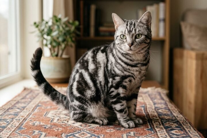 Cat tail language showing a relaxed cat with its tail held upright.