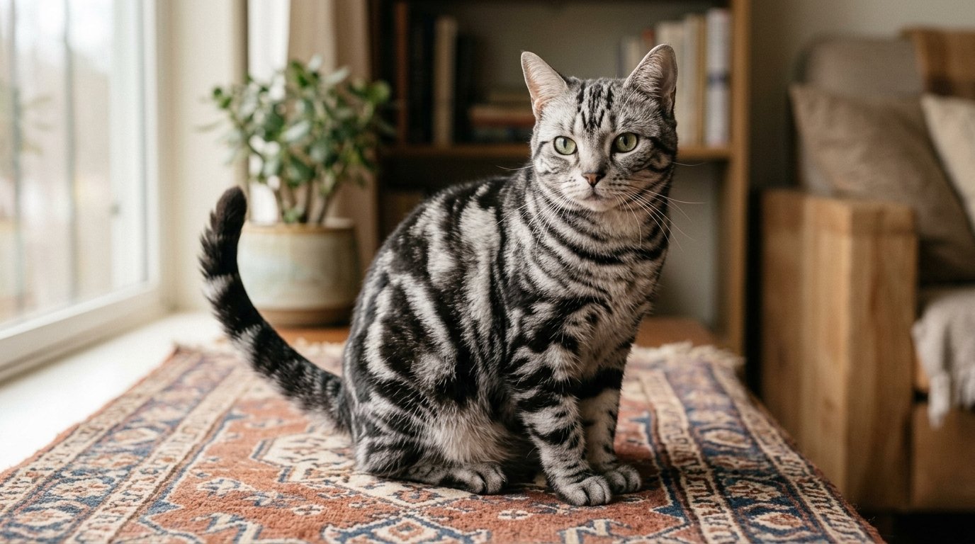 Cat tail language showing a relaxed cat with its tail held upright.