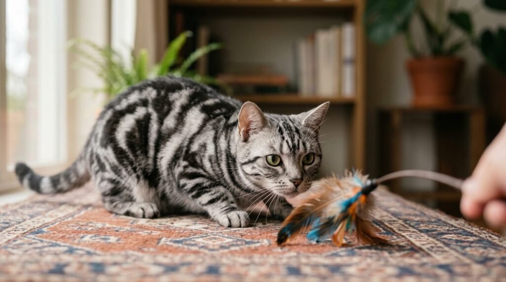 Cat using a feather wand toy for safe hunting-style play.