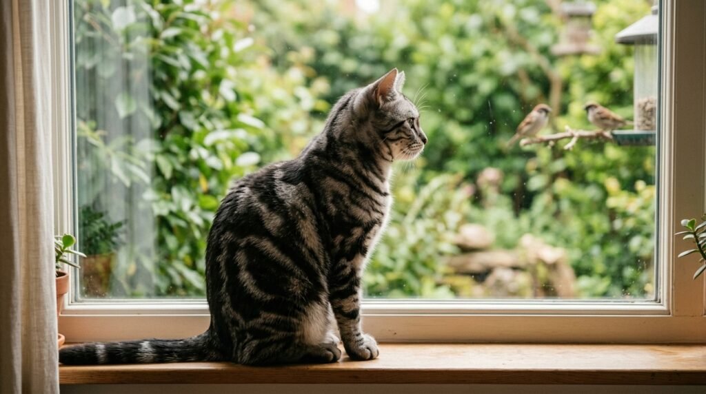 Cat watching garden birds from a secure indoor windowsill.