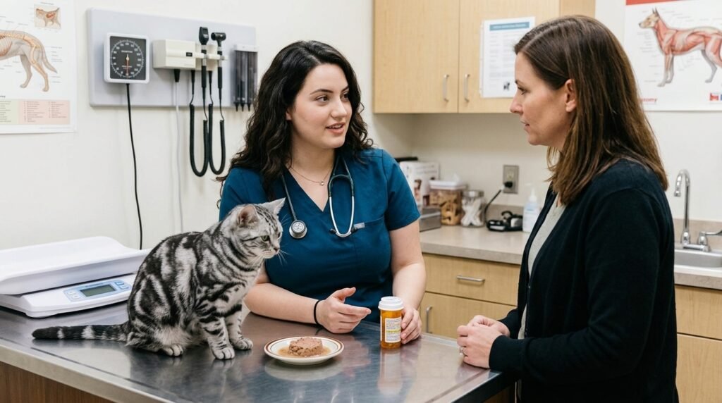Veterinarian advising a cat owner about medication instructions and a suitable food carrier.
