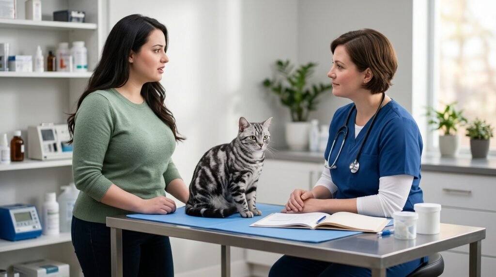Female veterinarian discussing sudden clingy behavior in a cat with her owner