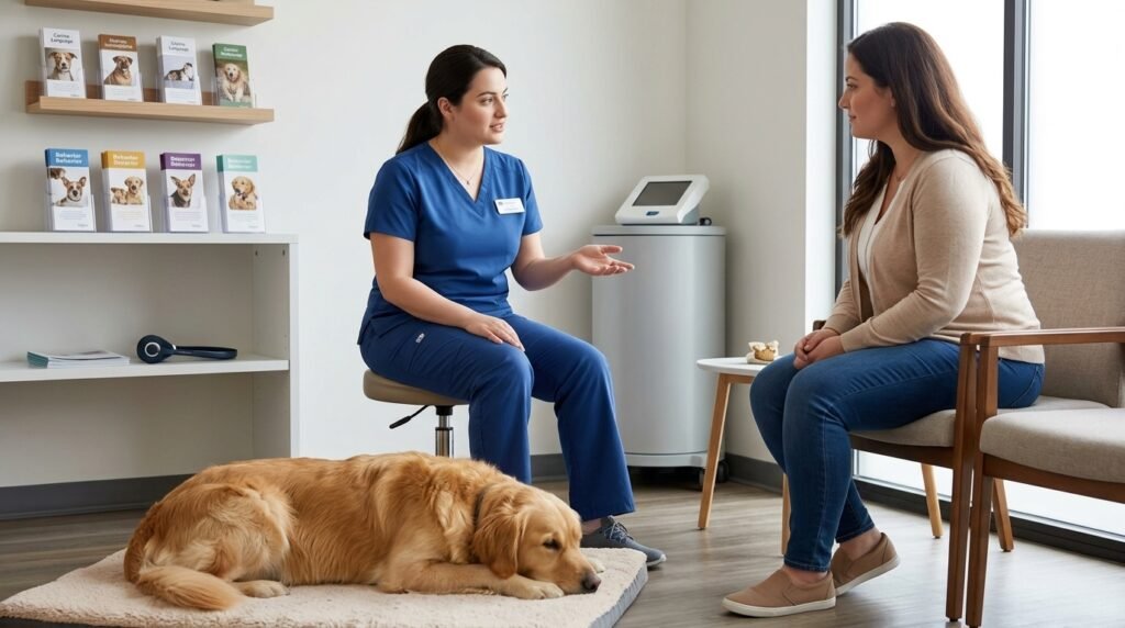Female veterinarian discussing recurring dog body-language concerns with an owner.