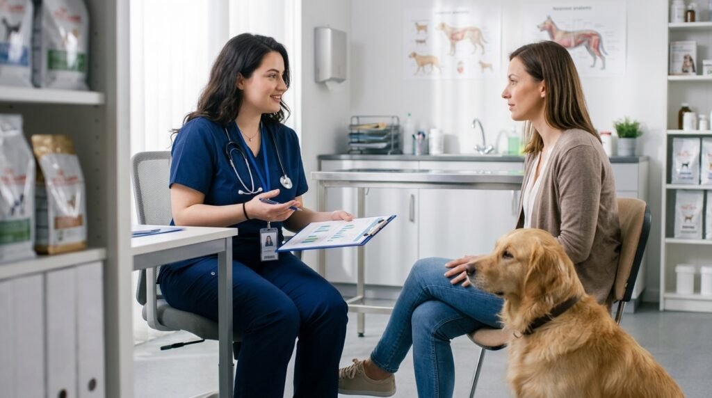 Veterinarian discussing protein deficiency testing and dog nutrition.
