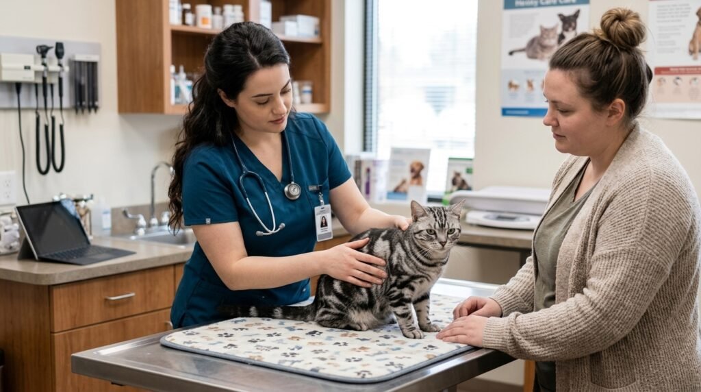 Female veterinarian examining a cat after a sudden change in touch sensitivity.