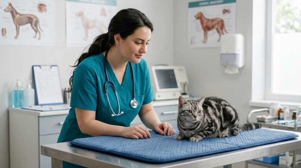 Female veterinarian calmly observing a cat's posture and tail signals.