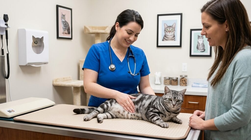 Female veterinarian evaluating a cat after a change in kneading behavior
