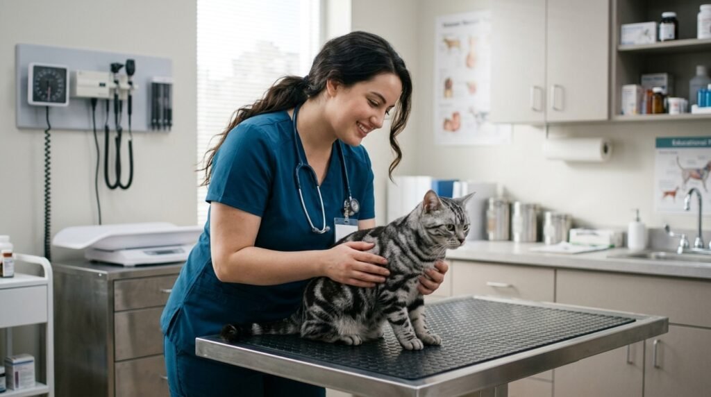 Female veterinarian examining a cat with changes in eating behavior.