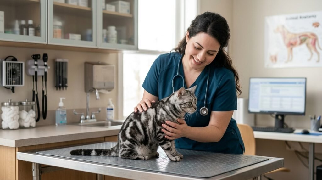 Female veterinarian examining a cat during a nutrition and health check.